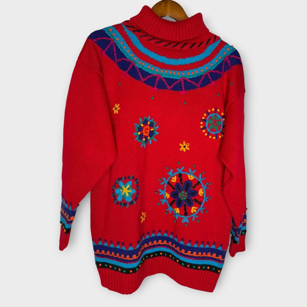 Vintage Turtleneck Sweater Chunky Grandma Red Blue Embroidered Tunic Size Small